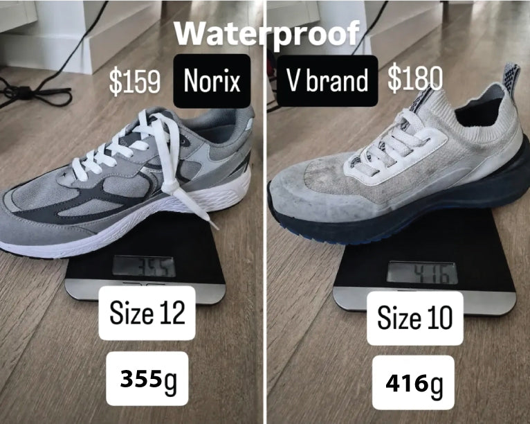 NORIX US size 12 at 355g compared with V brand size 10 at 416g